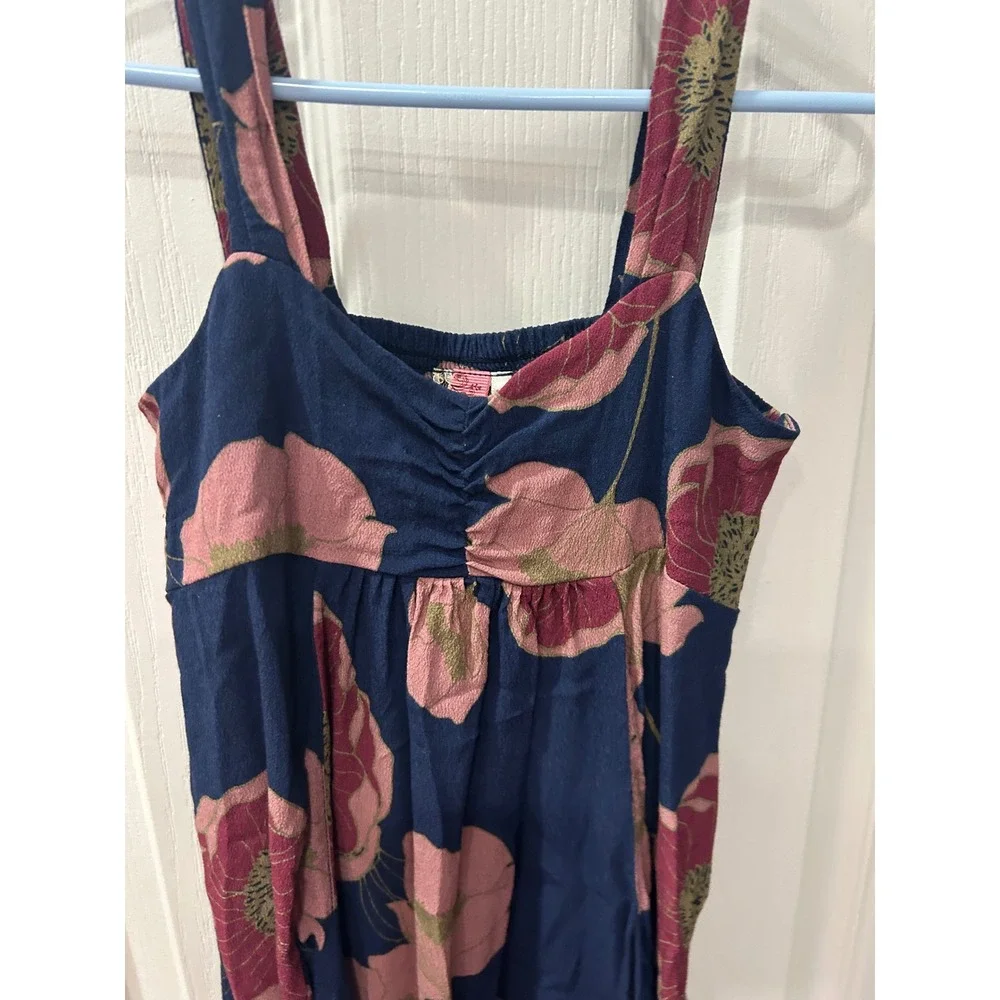 Cinnamon Girls Floral Sundress Navy‎ Pink Poppy Smocked Back Pockets 7/8 k2028